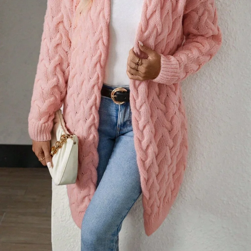 Pink Casual Womens Cable Knit Drop Shoulder Duster Cardigan - Picture 2 of 5